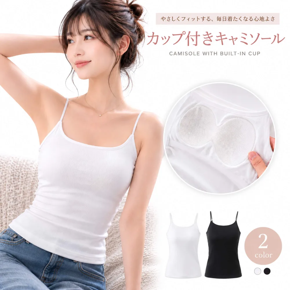 カップ付き キャミソール（リブ・2色） 商品詳細画像 1