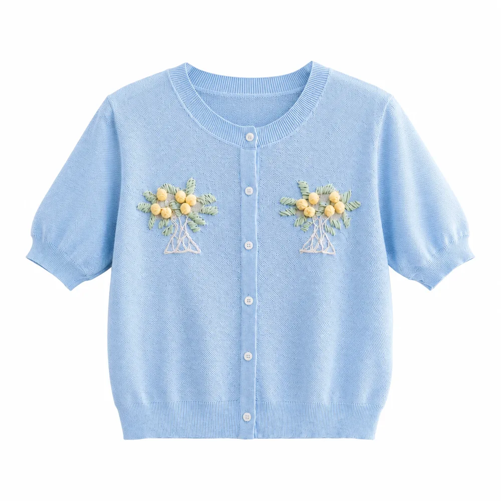 花刺繍 サマーニットカーディガン（ブルー）の商品写真